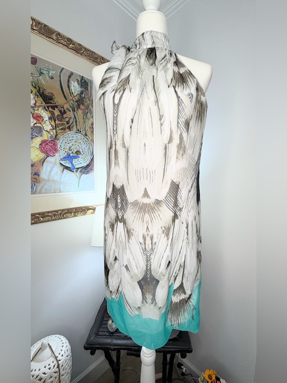 Madison Paige Womens M Halter Mini Dress Abstract Print Turquoise Lined Shift